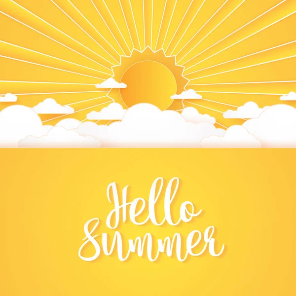 Hello Summer Cloudscape Bright Cloud Sky Sun Lettering Paper Art — Stock Vector