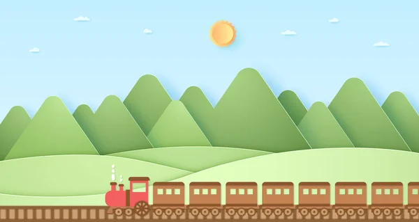 Transporte Tren Colina Naturaleza Montaña Con Sol Cielo Azul Estilo — Vector de stock