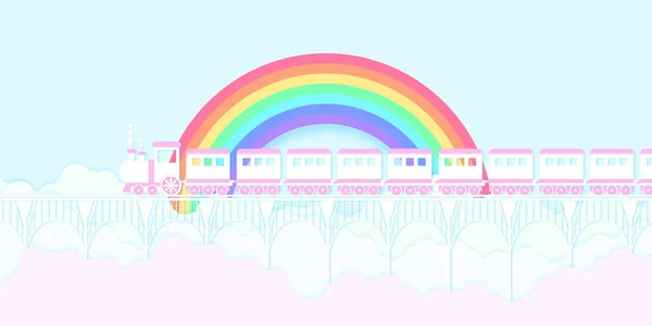 粉红列车在彩虹桥上运行 彩云斑斓 造纸艺术风格 — 图库矢量图片