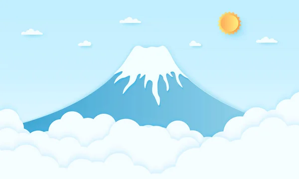 Montagne Avec Soleil Éclatant Ciel Bleu Style Art Papier — Image vectorielle