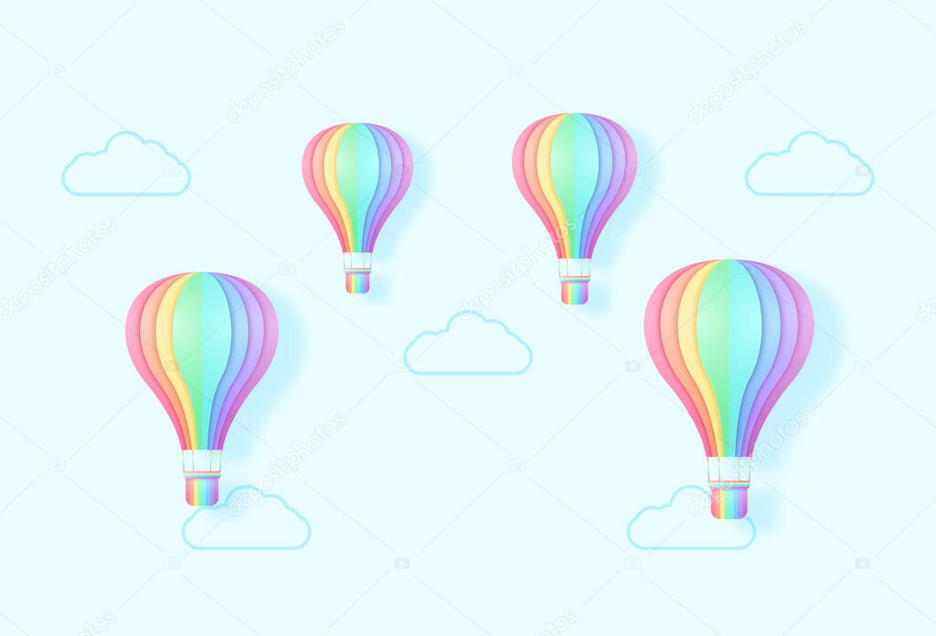 Colorful hot air balloons flying in the sky, Rainbow color, paper art style