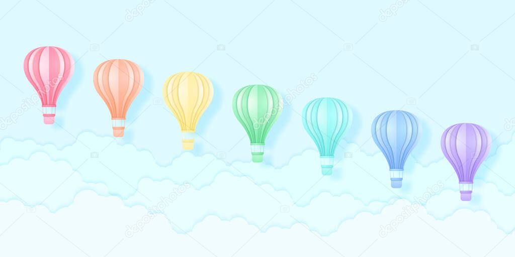 Colorful hot air balloons flying in the blue sky, Rainbow color pattern, paper art style