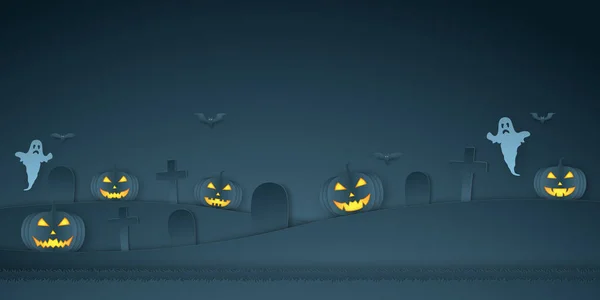 Abóbora Halloween Com Cemitério Morcego Fantasma Estilo Arte Papel — Vetor de Stock
