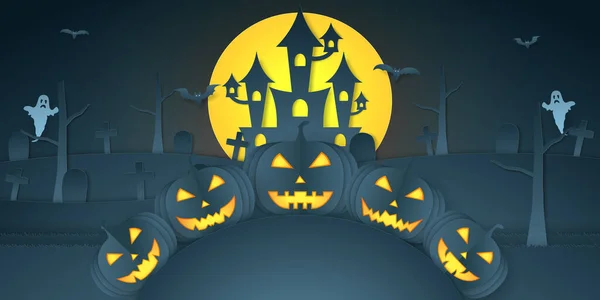 Cabeza Calabaza Halloween Colina Con Castillo Cementerio Murciélago Fantasma Luna — Vector de stock