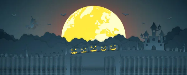 Halloween Pompoen Hoofd Heks Vliegen Boven Wolk Met Kasteel Kerkhof — Stockvector