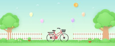 Bahar zamanı, bahçede üzerinde renkli balonlar uçuşan bir kuş dalda saksılar ve çitli güzel çiçekler olan bir bisiklet. Kağıt sanat tarzı.