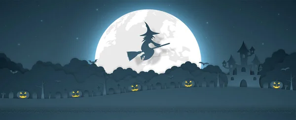 Halloween Pumpkin Head Witch Flying Cloud Castle Graveyard Hill Full — Stock Vector