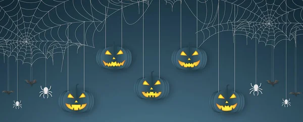 Halloween pumpkin head, spiders and bats hanging, spider web banner, cobweb background with text — Stock Illustration Halloween Pumpkin Head Spiders Bats Hanging Spider Web Banner Cobweb Vector Graphics