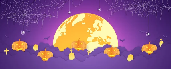 Halloween orange pumpkin head and graveyard on cloud with full moon, spider web with spider hanging, paper art style — Stock Illustration Halloween Orange Pumpkin Head Graveyard Cloud Full Moon Spider Web Vector Graphics
