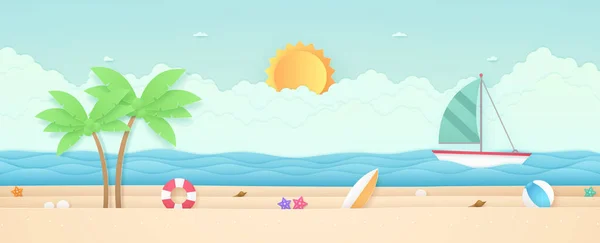 Hora Verano Paisaje Marino Paisaje Velero Con Mar Playa Esas — Vector de stock