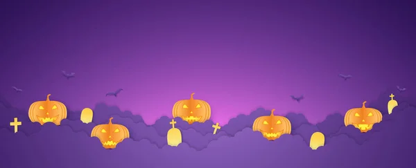 Cabeza Calabaza Naranja Halloween Murciélagos Cementerio Nube Espacio Copia Estilo — Vector de stock