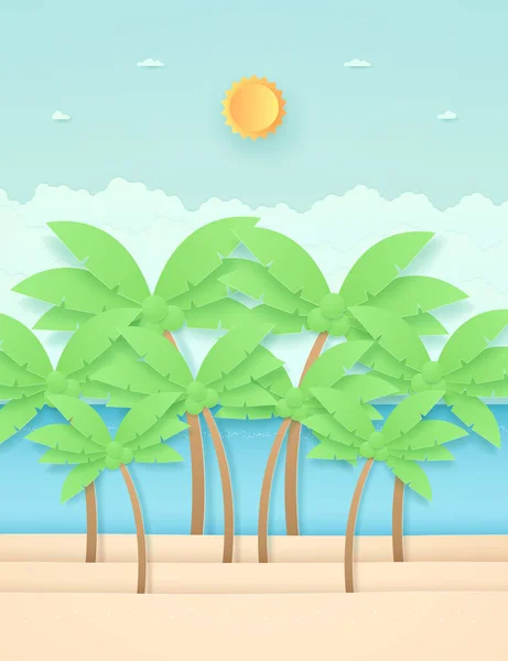 Paisaje Marino Paisaje Cocoteros Playa Con Mar Sol Brillante Cielo — Vector de stock