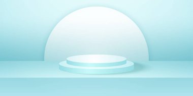 Cyan boş stüdyo odası olan gerçekçi yuvarlak podyum ya da kaide, minimal ürün arkaplan, görüntü için şablon, geometrik şekil
