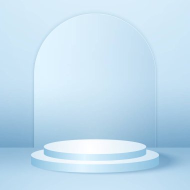 Mavi boş stüdyo odası olan gerçekçi yuvarlak podyum ya da kaide, minimum ürün arkaplanı, görüntü için şablon, geometrik şekil