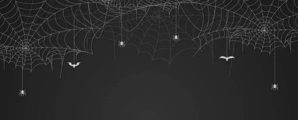 Banner Tela Araña Con Arañas Murciélagos Colgando Fondo Telaraña Espacio — Vector de stock