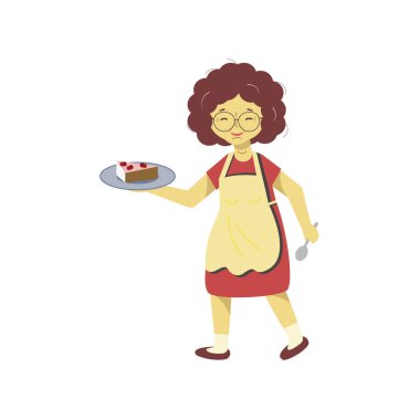 Bir kadın apronda pasta plaka taşır. Garson iş tablo ayarlar. Dişi bir tabak yemek düzenliyor.
