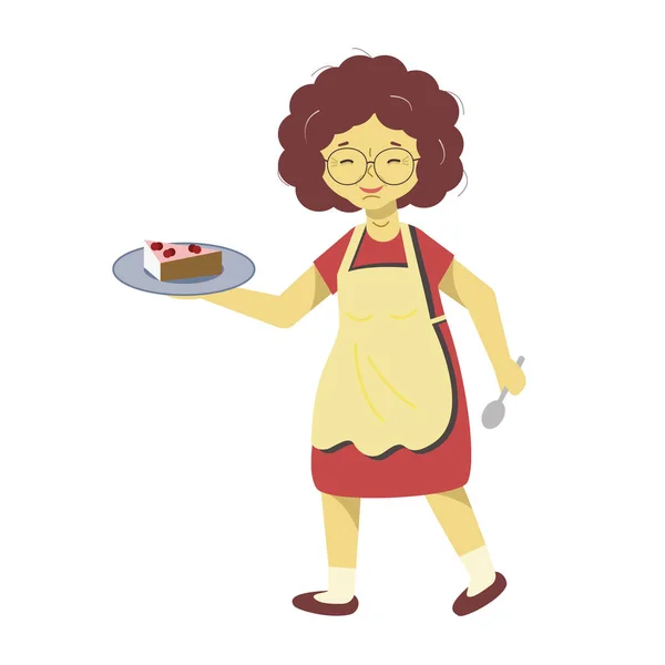 Uma mulher de avental carrega um prato de bolo. A empregada no trabalho põe a mesa. A fêmea está segurando um prato de comida . — Vetor de Stock