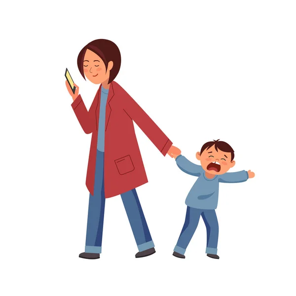 Illustration vectorielle. Une jeune femme tenant un smartphone dans une main, l'autre tenant la main de l'enfant. L'enfant pleure et est grincheux . — Image vectorielle