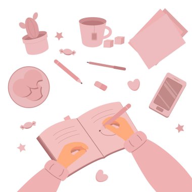 Bir kadın, vektör çizim bir defterde bir kız yazar, çizer. Geçerli bir defter, kalem, kurşun kalem, silgi, şeker, bir tabak kurabiye, bir bardak çay, kağıt, kaktüs. Resim stili düz