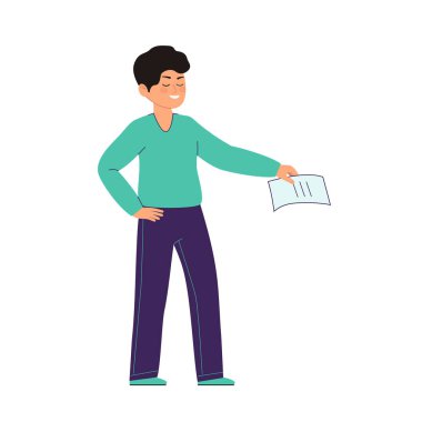 Vektör çizim bir parça kağıda uzanmış elinde tutan bir adam. Karakter mavi kazaklı düz adam tarzı. 