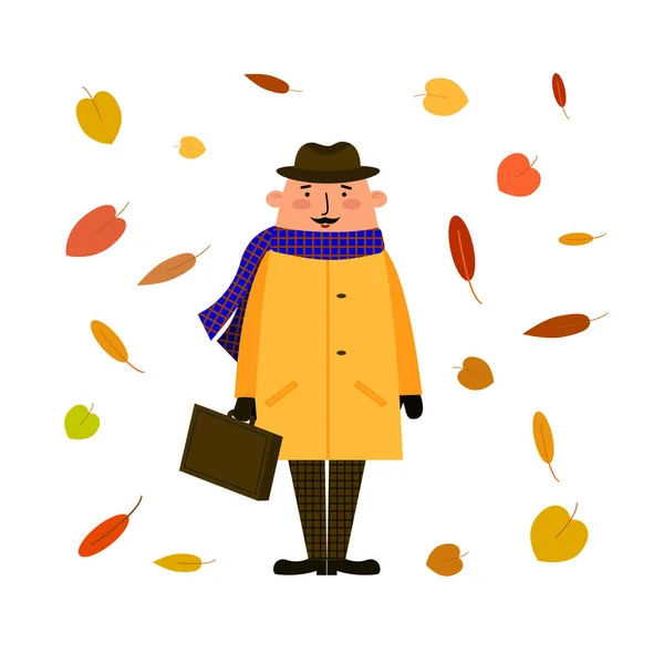 A man in a coat, scarf and hat holding a suitcase. Autumn, falling leaves. Character in the style of flat gentleman with a mustache. — Stock Vector