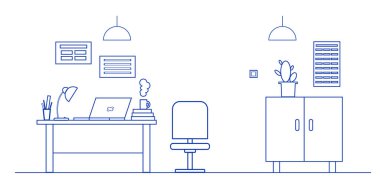 Vektör illüstrasyon ofis iç, office dekor: Danışma, bilgisayar, dizüstü bilgisayar, Masa lambası, dolap.