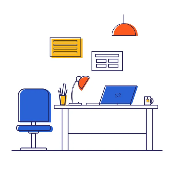 Vektor Illustration Büroeinrichtung, Büroeinrichtung: Schreibtisch, Computer, Laptop, Schreibtischlampe. — Stockvektor