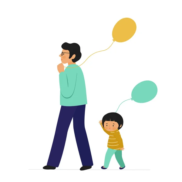 Un hombre y una chica sosteniendo globos. Padre e hija caminan juntos . — Vector de stock