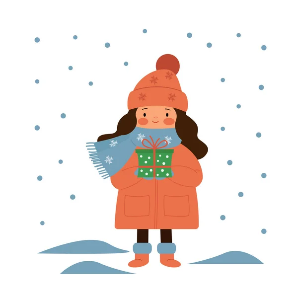 Fiatal lány állt a hó alatt, és a gazdaság egy ajándék. — Stock Vector