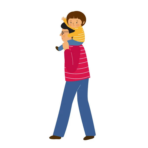 一个男人把一个女孩扛在肩上。父女俩一起散步。孩子坐在父亲的肩膀上挥手致意. — 图库矢量图片