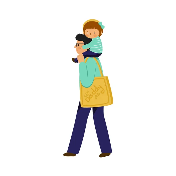 Un joven con gafas lleva un niño. Chica sentada en los hombros de un chico . — Archivo Imágenes Vectoriales