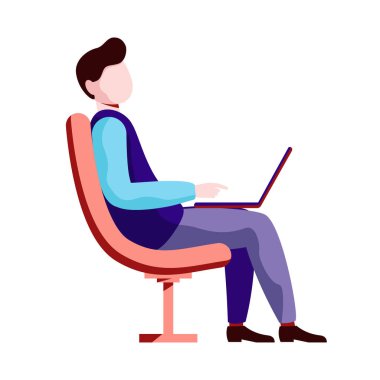 Dizlerinin üzerinde bir dizüstü bilgisayar ile bir sandalyede oturan genç bir adam. Odada bir bilgisayarda çalışan bir adam. 