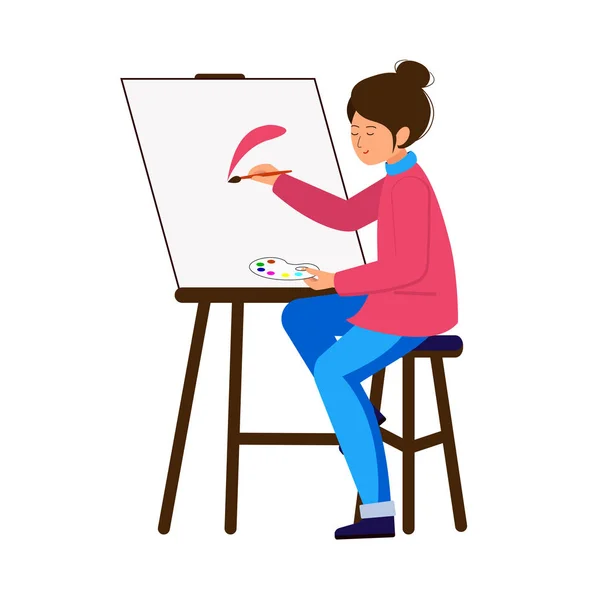 Artysta maluje obraz, trzyma pędzel i palety. Dziewczyna siedzi na stołku w sztalugi i farby. Młoda kobieta w plenerze zaangażowanych w sztukach plastycznych. — Wektor stockowy