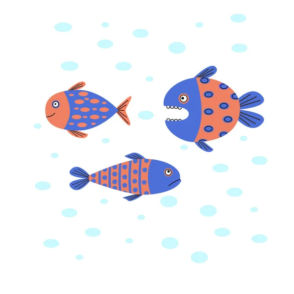 Los peces divertidos nadan en el agua. Un pez depredador cazando peces pequeños . — Vector de stock