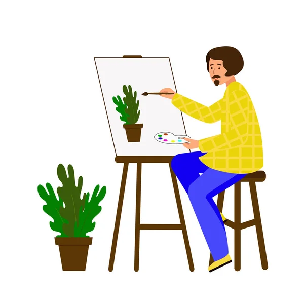 Um homem baseia-se na tela. O artista está a trabalhar num quadro. O cara retrata um pote de flores . —  Vetores de Stock