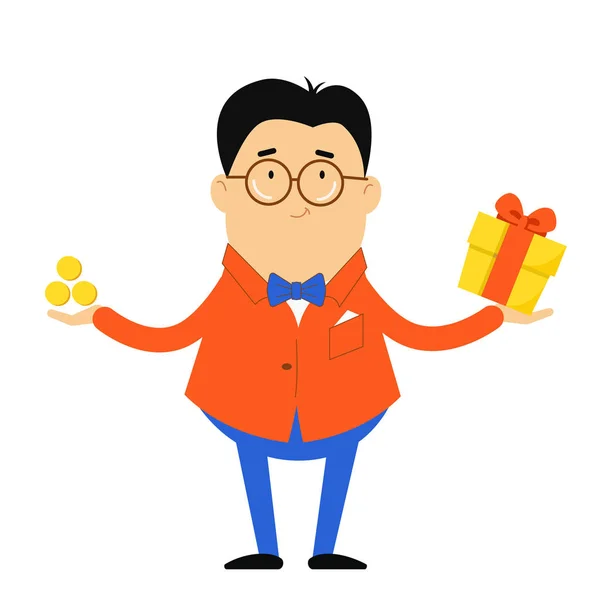 The guy in the jacket and bow tie stands with his arms outstretched. A man in a suit holding a gift and money. — Stock Vector