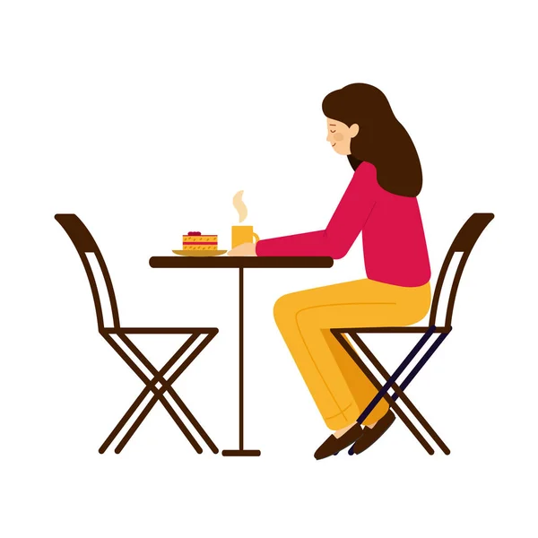 Ragazza seduta al tavolo. Una giovane donna in un caffè che beve tè, caffè e torta . — Vettoriale Stock