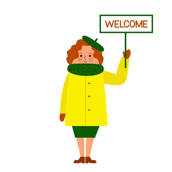 Una mujer con un abrigo sosteniendo un cartel que dice "bienvenido" ." — Vector de stock