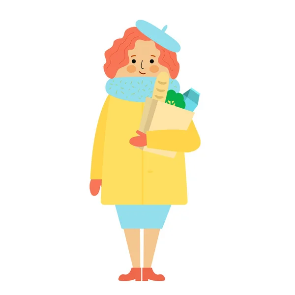 Mulher com compras. Menina segurando um saco de produtos: leite, pão, pão, legumes . — Vetor de Stock