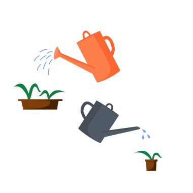 Farklı renkler ve şekiller eski sulama kutu. Tencere bitkiler sulama kutular ile sulama.