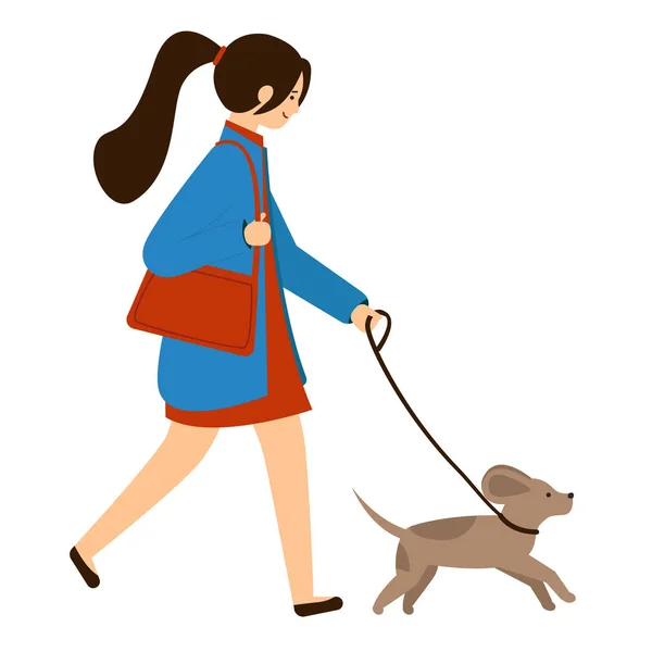 Młoda kobieta spacery z psem na smyczy. Dziewczyna w płaszcz z torbą na spacery z psem. — Wektor stockowy