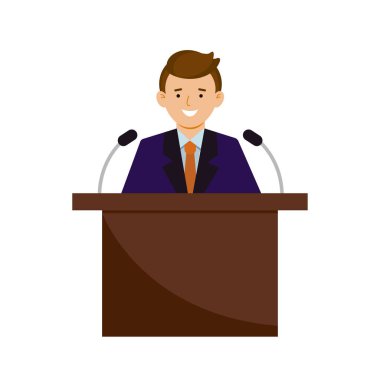 Hoparlör gülümsüyor. Bir erkekte mikrofonlar bir uymak.