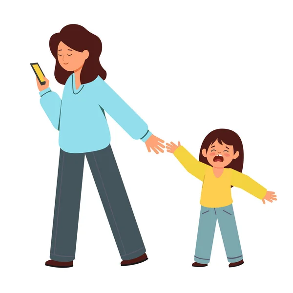 Nainen katsoo puhelinta ja ojentaa kätensä lapselle. Tyttö itkee ja ojentaa kätensä äidilleen. . — vektorikuva