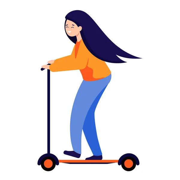 Felice giovane donna con i capelli lunghi cavalca scooter. La ragazza spinge il piede da terra . — Vettoriale Stock