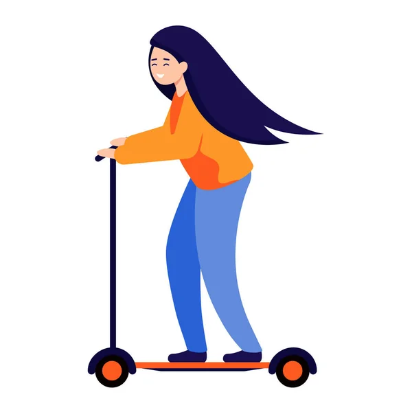 Uma rapariga a andar de scooter. Jovem feliz com cabelo comprido em scooter . — Vetor de Stock