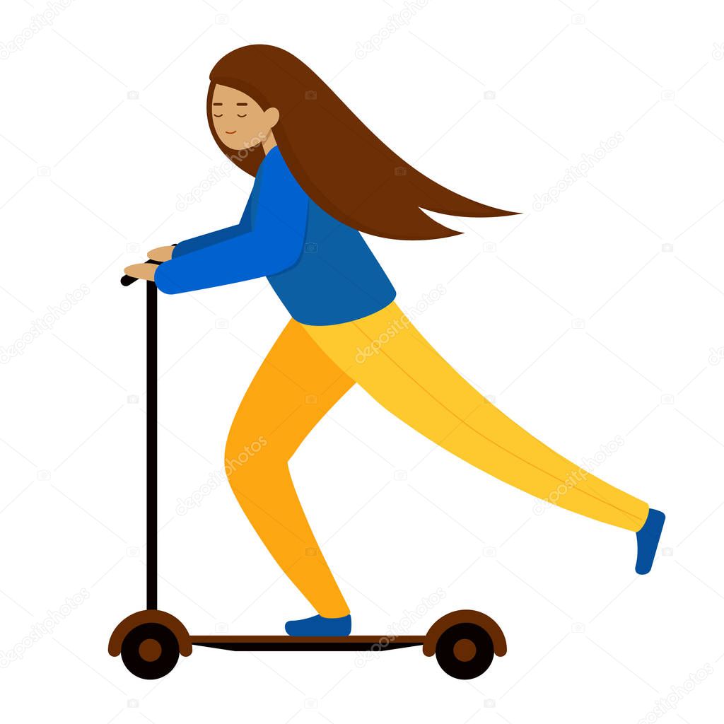 Young girl with long hair riding a scooter.