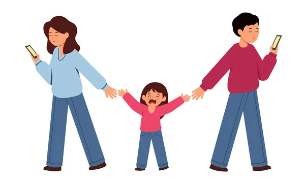 Les parents tiennent la main de l'enfant. L'enfant pleure et tend la main à sa mère et son père . — Image vectorielle
