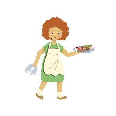 Bir kadın apronda pasta plaka taşır. Garson iş tablo ayarlar. Dişi bir tabak yemek düzenliyor.