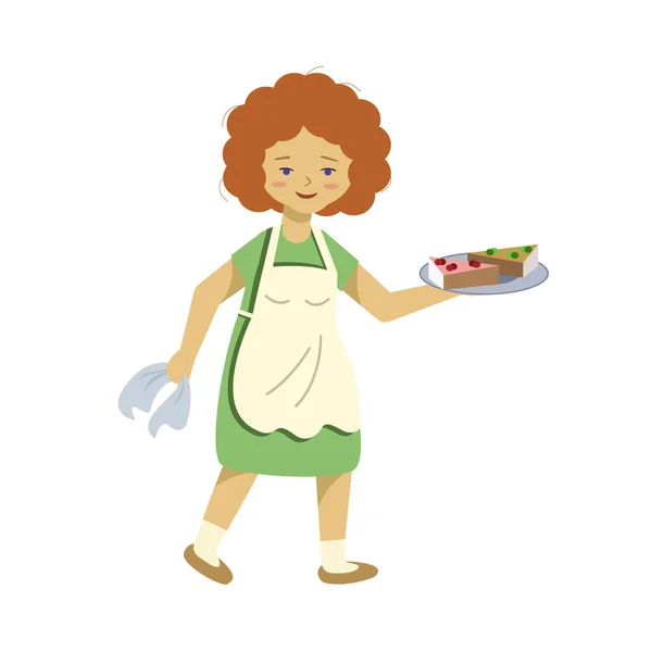 Una mujer en un delantal lleva un plato de pastel. La camarera del trabajo pone la mesa. La hembra sostiene un plato de comida . —  Fotos de Stock