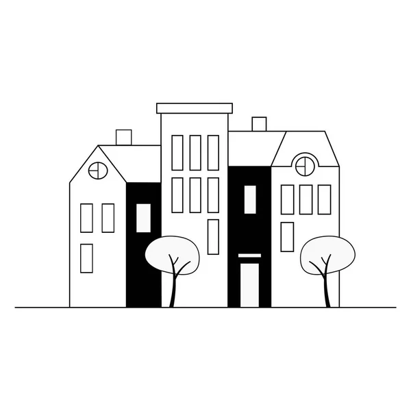 Casas antiguas, edificios de apartamentos, árboles. Paisaje urbano . — Vector de stock